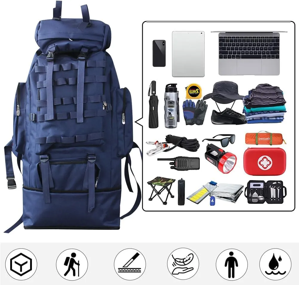 100L Camping Hiking Backpack Waterproof Military Tactical Backpack Sports Survival Backpacks for Traveling and Hiking (Navy Blue)