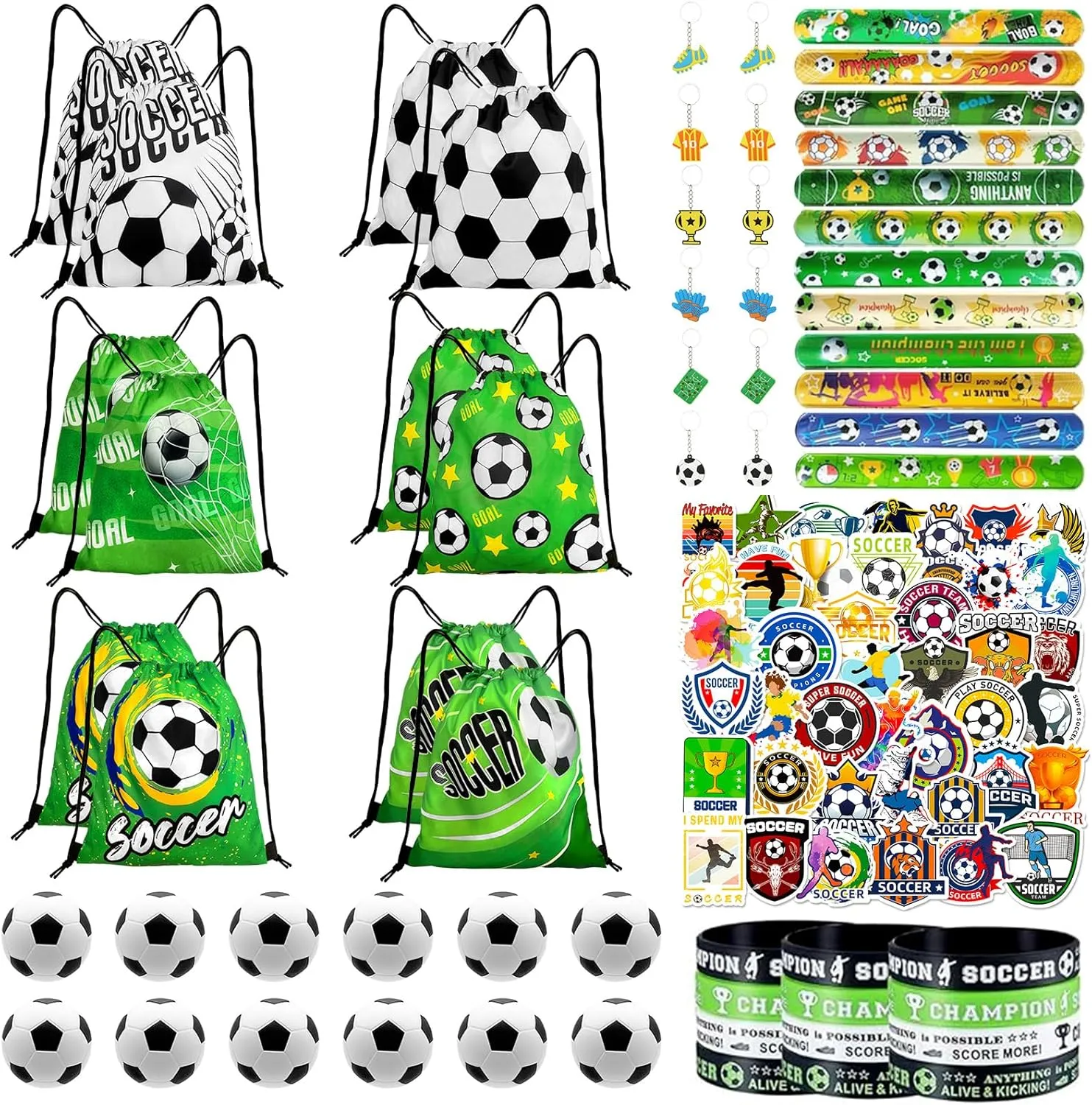110Pcs Soccer Party Favors Drawstring Bags Soccer Goodie Bag with Mini Ball, Wristband, Slap bracelets, Keychains, Stickers for Soccer Party Supplies