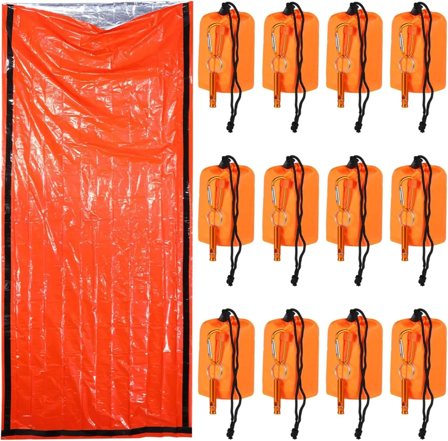 12-Pack Emergency Sleeping Bags with Whistle, Waterproof Survival Bivvy Sack, Lightweight Portable Blanket, Essential for Outdoor Camping and Hiking