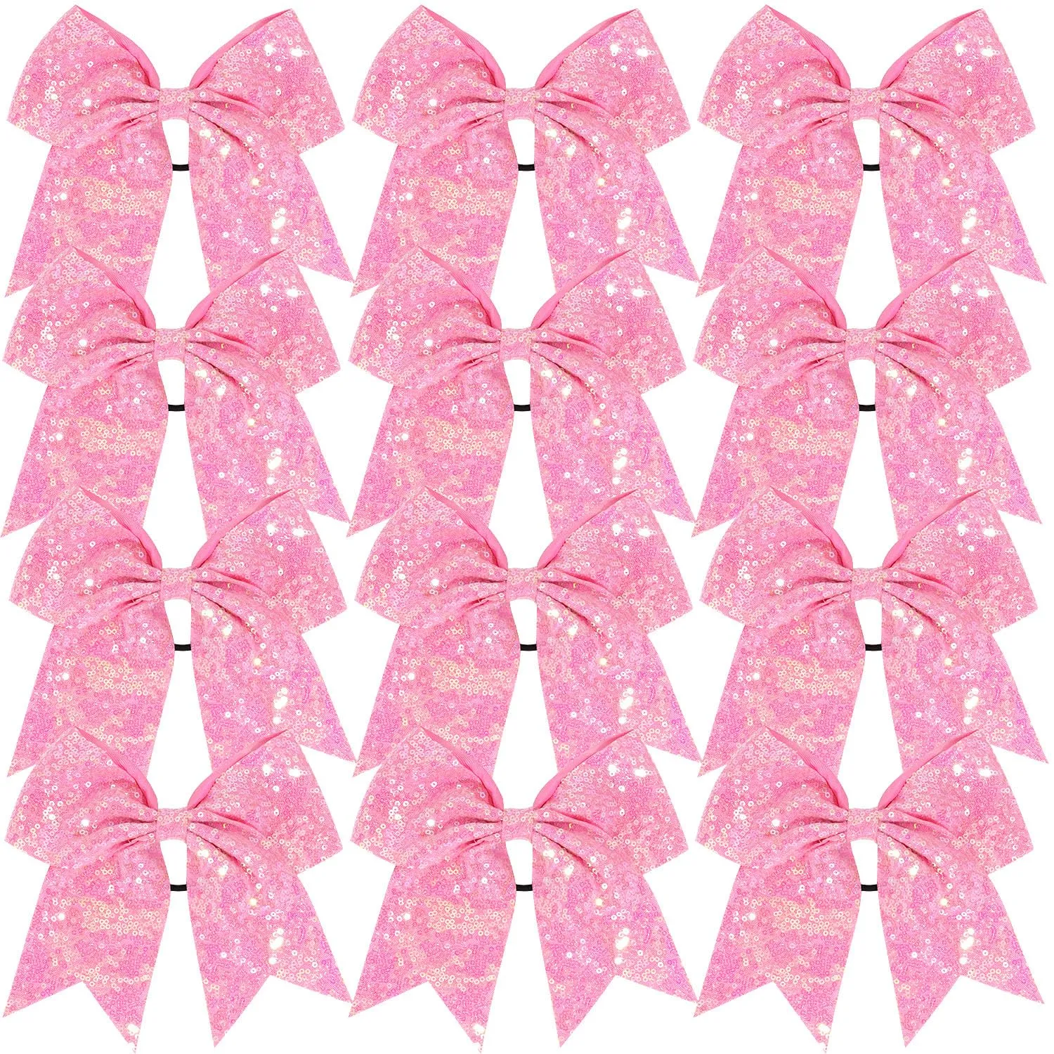 12 Pcs Large Glitter Ponytail Holders - Big 8" Hair Bows and Elastic Hair Ties for Cheerleaders, Sports and Teens (Pink)