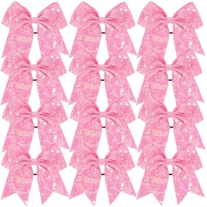 12 Pcs Large Glitter Ponytail Holders - Big 8" Hair Bows and Elastic Hair Ties for Cheerleaders, Sports and Teens (Pink)