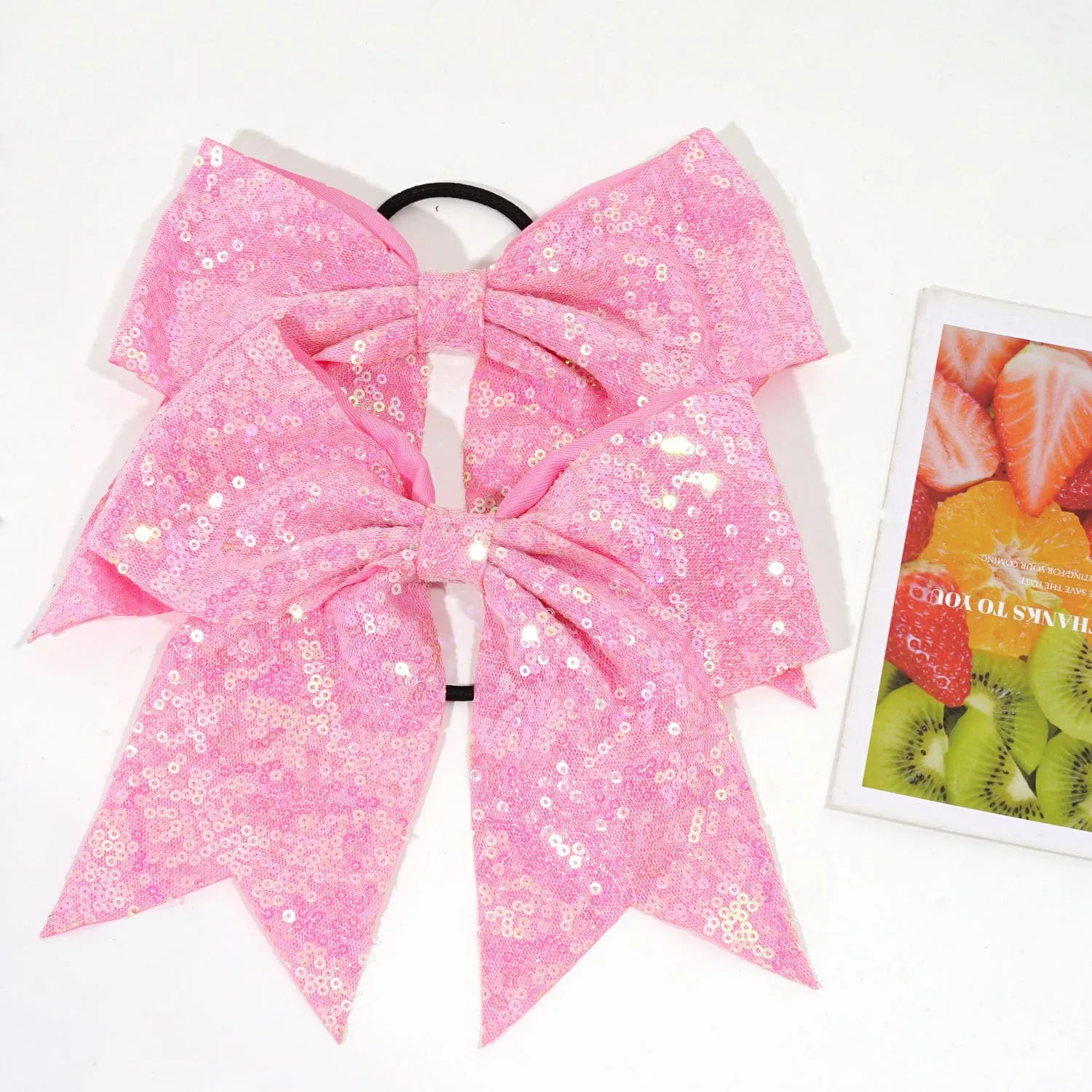 12 Pcs Large Glitter Ponytail Holders - Big 8" Hair Bows and Elastic Hair Ties for Cheerleaders, Sports and Teens (Pink)