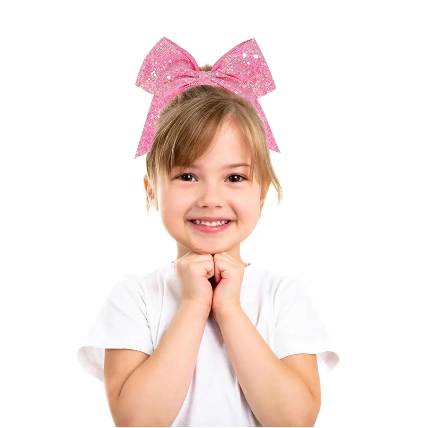 12 Pcs Large Glitter Ponytail Holders - Big 8" Hair Bows and Elastic Hair Ties for Cheerleaders, Sports and Teens (Pink)
