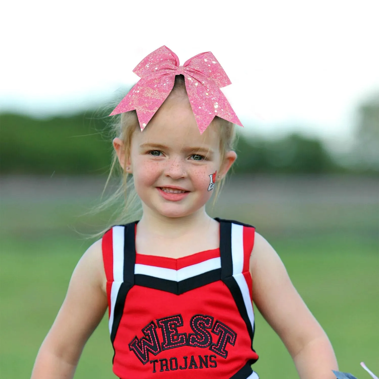 12 Pcs Large Glitter Ponytail Holders - Big 8" Hair Bows and Elastic Hair Ties for Cheerleaders, Sports and Teens (Pink)