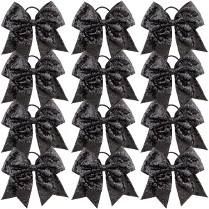 12 Pieces 8 Inch Black Cheer Bows Glitter Jumbo Cheerleading Bow with Elastic Ponytail Holder Bow Hair Tie Band Hair Accessories for School Girls Toddlers