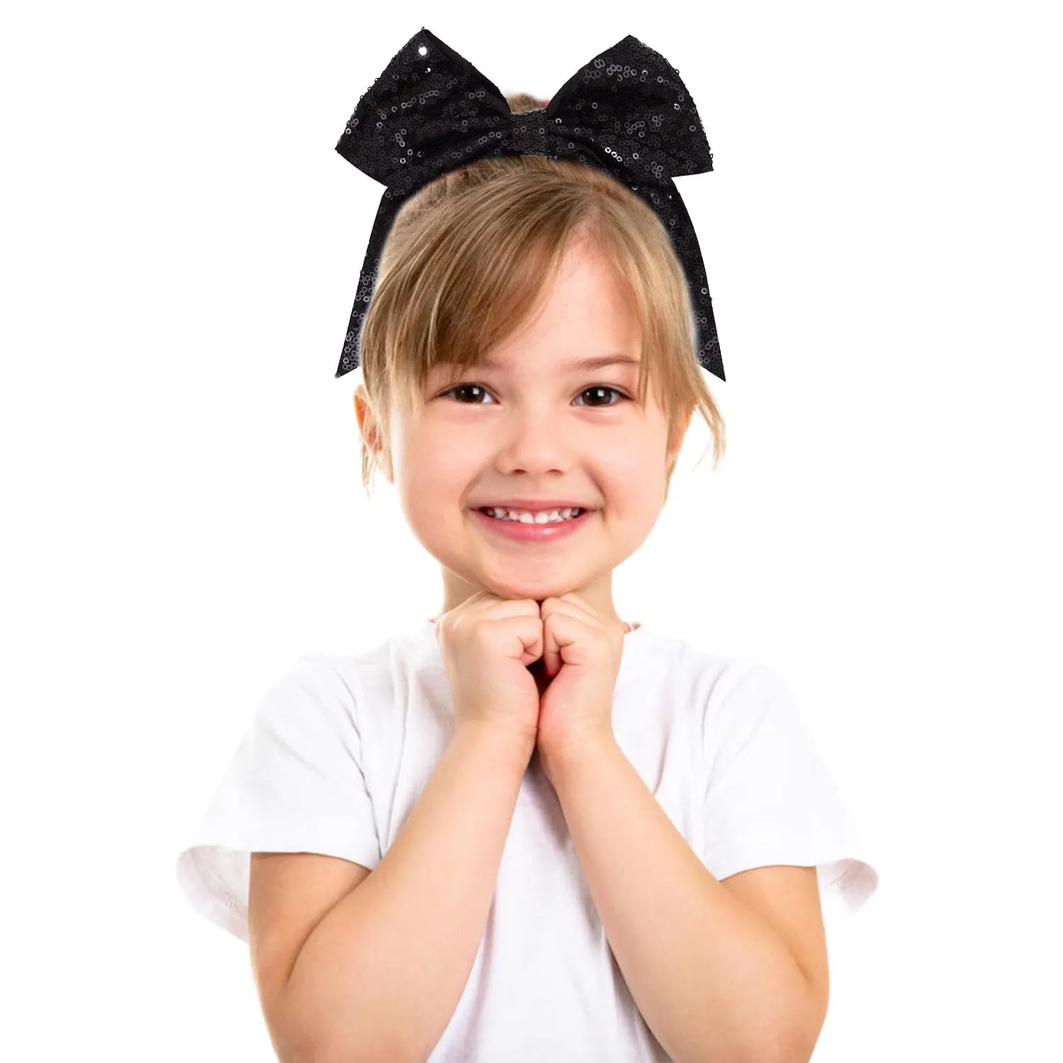 12 Pieces 8 Inch Black Cheer Bows Glitter Jumbo Cheerleading Bow with Elastic Ponytail Holder Bow Hair Tie Band Hair Accessories for School Girls Toddlers