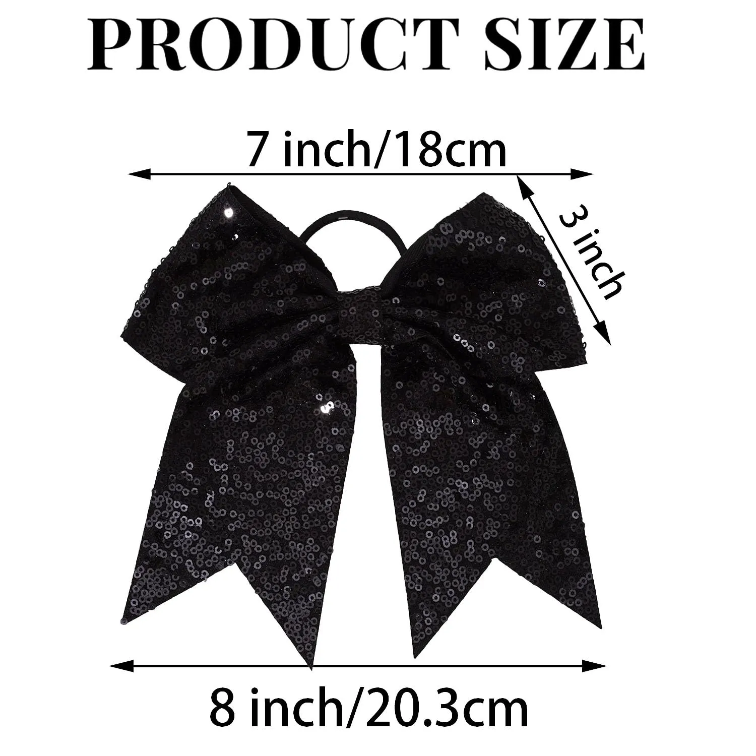 12 Pieces 8 Inch Black Cheer Bows Glitter Jumbo Cheerleading Bow with Elastic Ponytail Holder Bow Hair Tie Band Hair Accessories for School Girls Toddlers