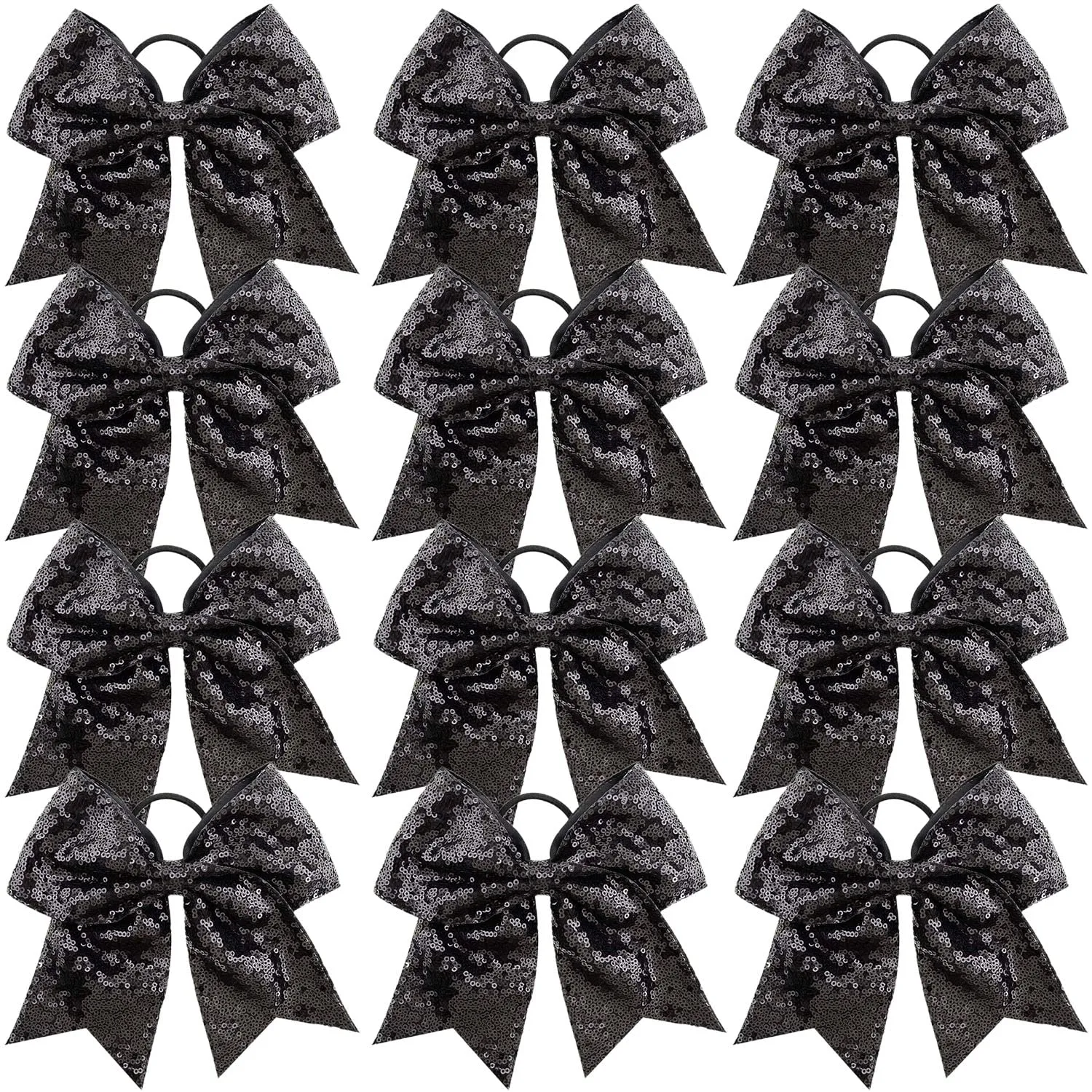 12 Pieces 8 Inch Black Cheer Bows Glitter Jumbo Cheerleading Bow with Elastic Ponytail Holder Bow Hair Tie Band Hair Accessories for School Girls Toddlers