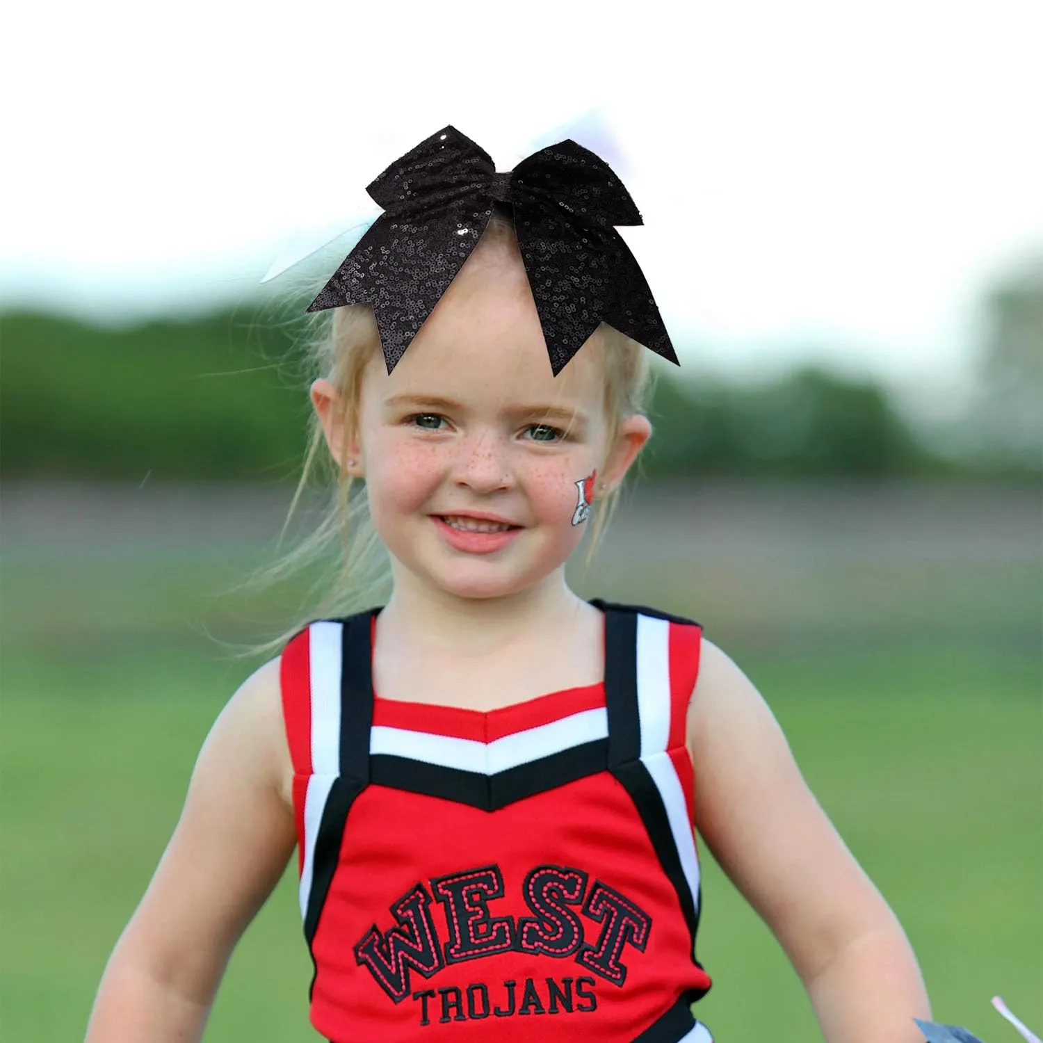 12 Pieces 8 Inch Black Cheer Bows Glitter Jumbo Cheerleading Bow with Elastic Ponytail Holder Bow Hair Tie Band Hair Accessories for School Girls Toddlers