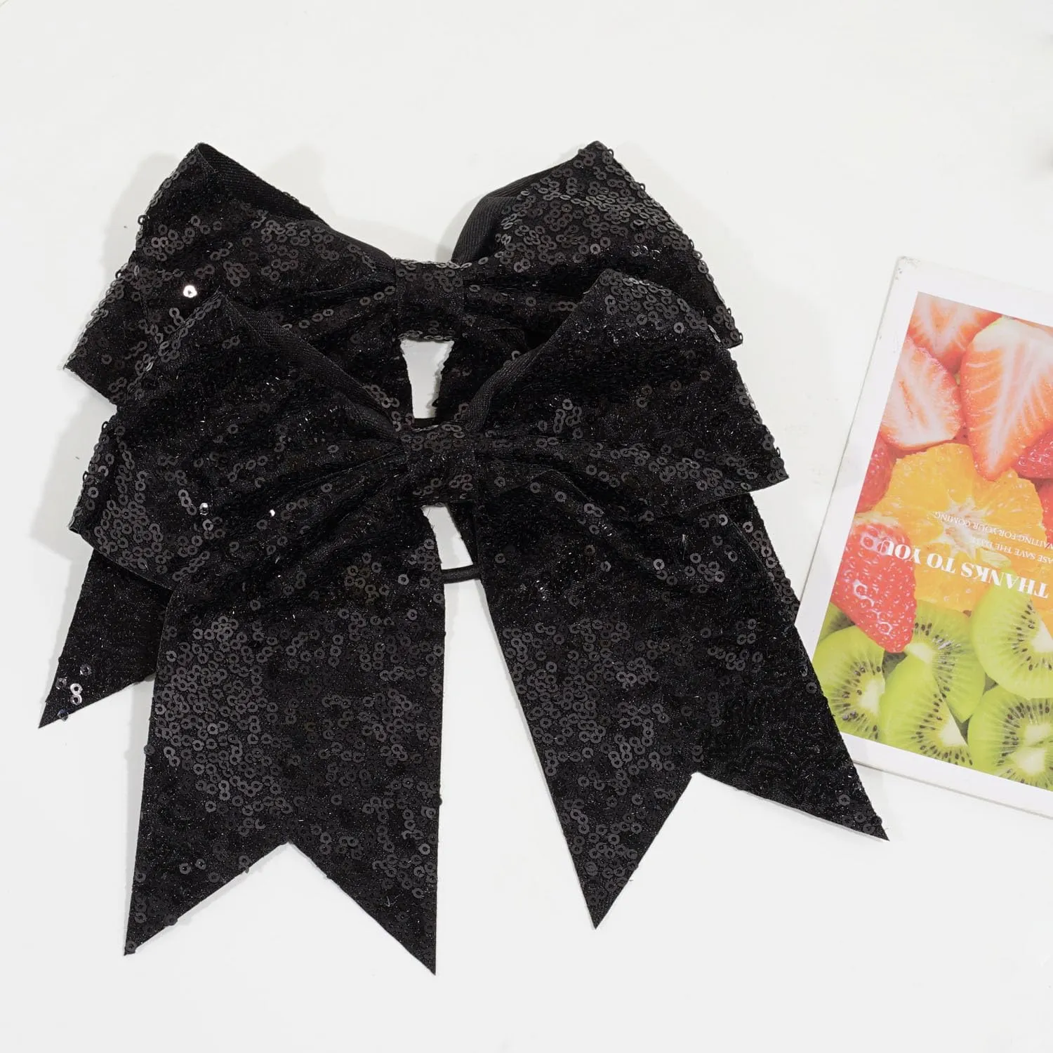 12 Pieces 8 Inch Black Cheer Bows Glitter Jumbo Cheerleading Bow with Elastic Ponytail Holder Bow Hair Tie Band Hair Accessories for School Girls Toddlers