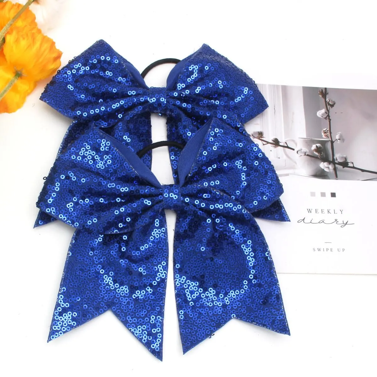 12 Pieces Blue Sequin Cheer Bows, 8 Inch Large Hair Bows with Elastic Ponytail Holder for School Girls Toddlers, Hair Accessories for Cheerleading, Dance, Party
