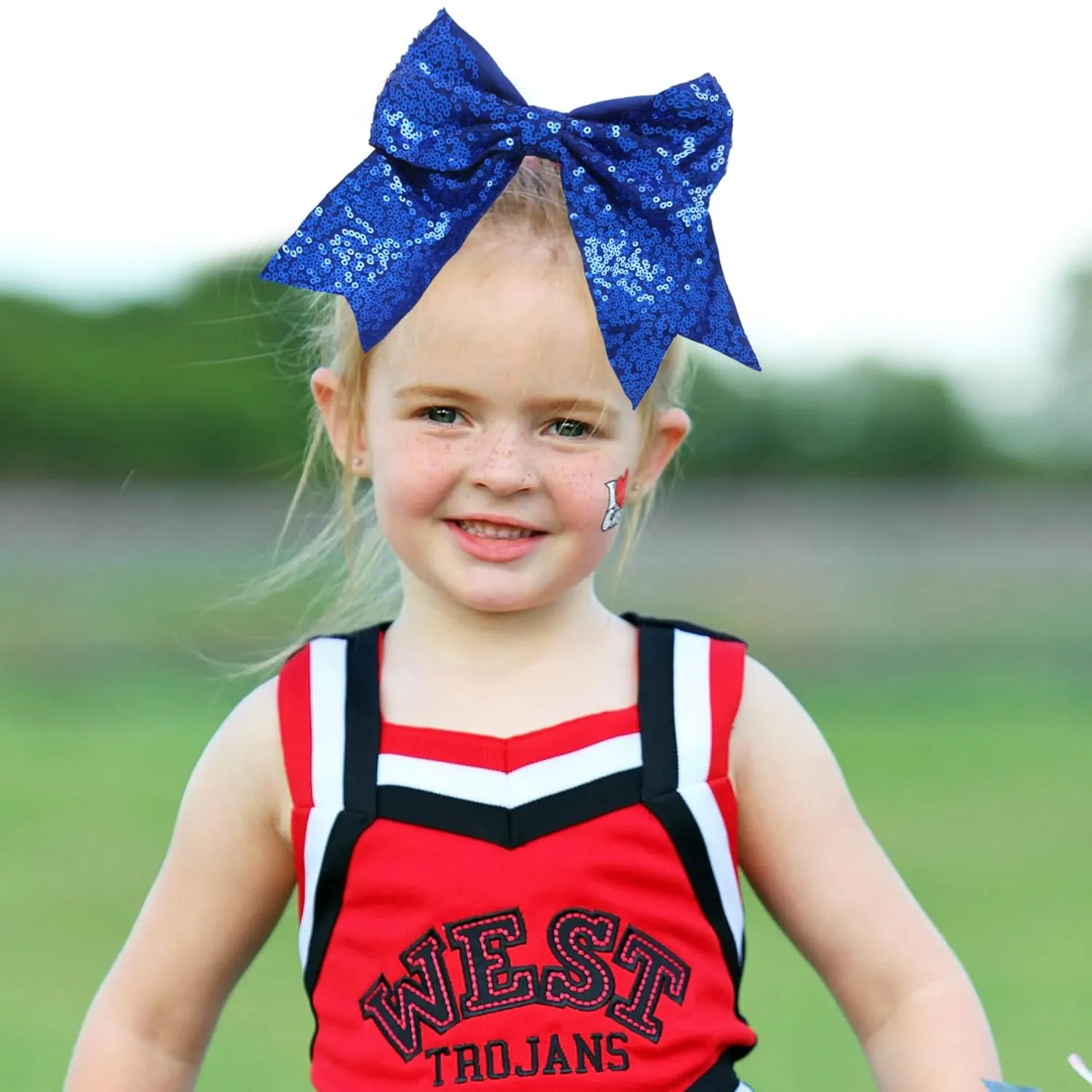12 Pieces Blue Sequin Cheer Bows, 8 Inch Large Hair Bows with Elastic Ponytail Holder for School Girls Toddlers, Hair Accessories for Cheerleading, Dance, Party
