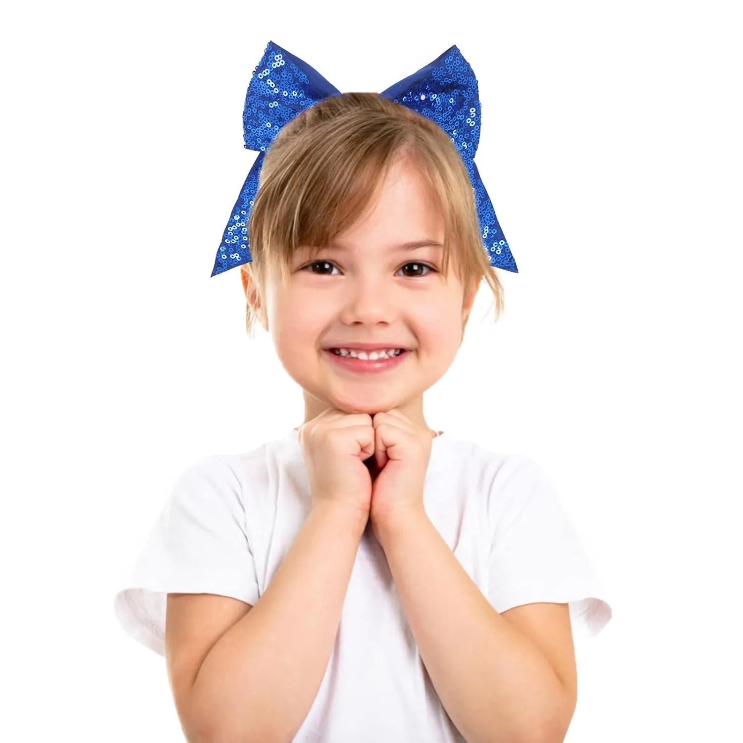 12 Pieces Blue Sequin Cheer Bows, 8 Inch Large Hair Bows with Elastic Ponytail Holder for School Girls Toddlers, Hair Accessories for Cheerleading, Dance, Party