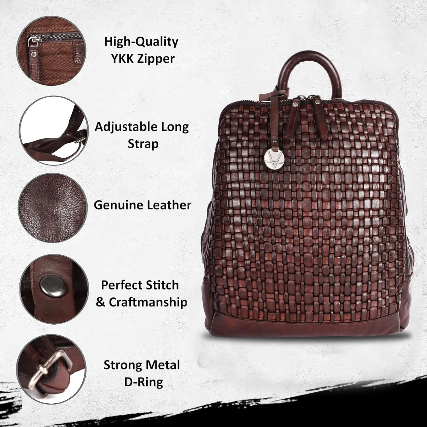 12.5 Inch Genuine Leather Backpack for Women and Men, Brown Leather Backpack with Adjustable Shoulder Strap