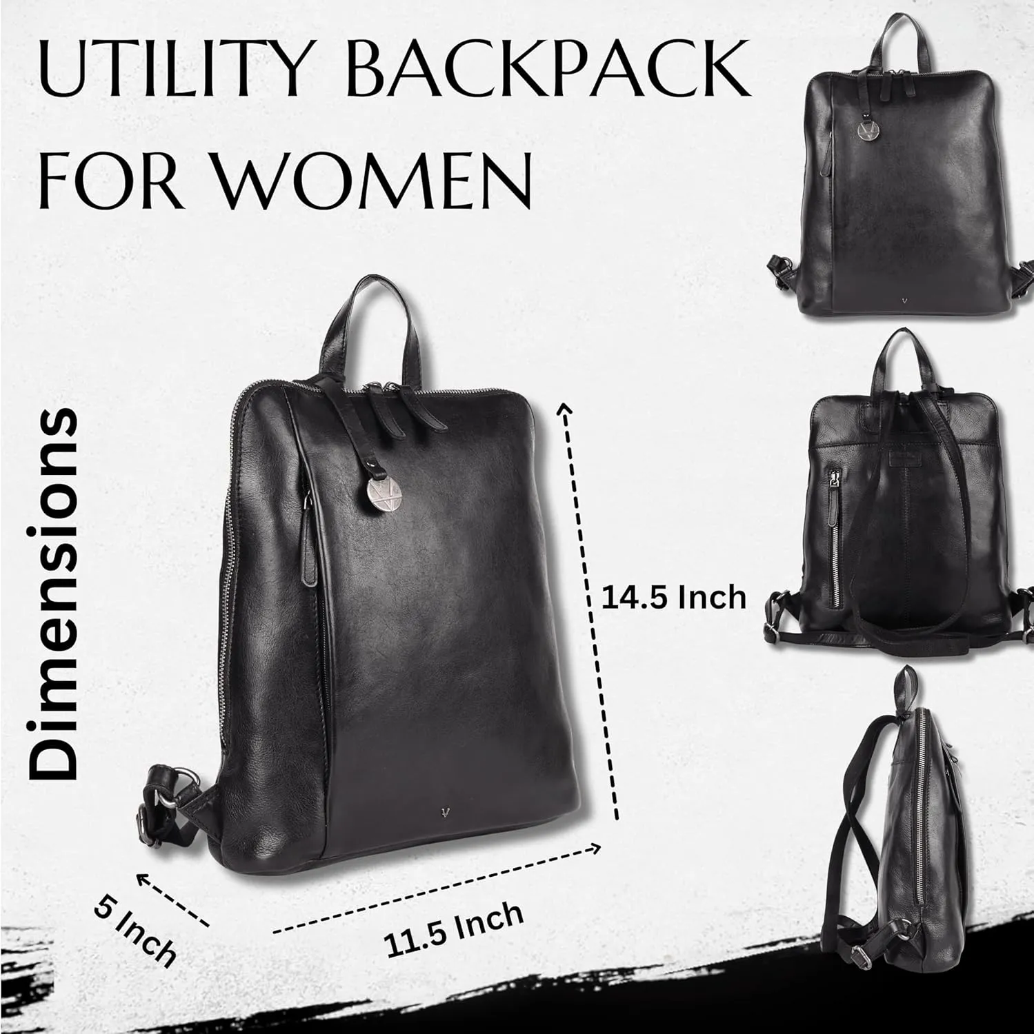 14.5 Inch Genuine Leather Backpack for Women and Men, Black Leather Backpack with Adjustable Shoulder Strap
