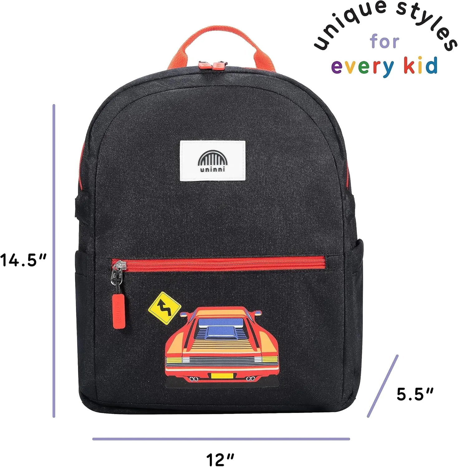 14" Kids Backpack for Girls and Boys Age 5-8 Years Old with Padded, and Adjustable Shoulder Straps - Race Car (Black/Red)