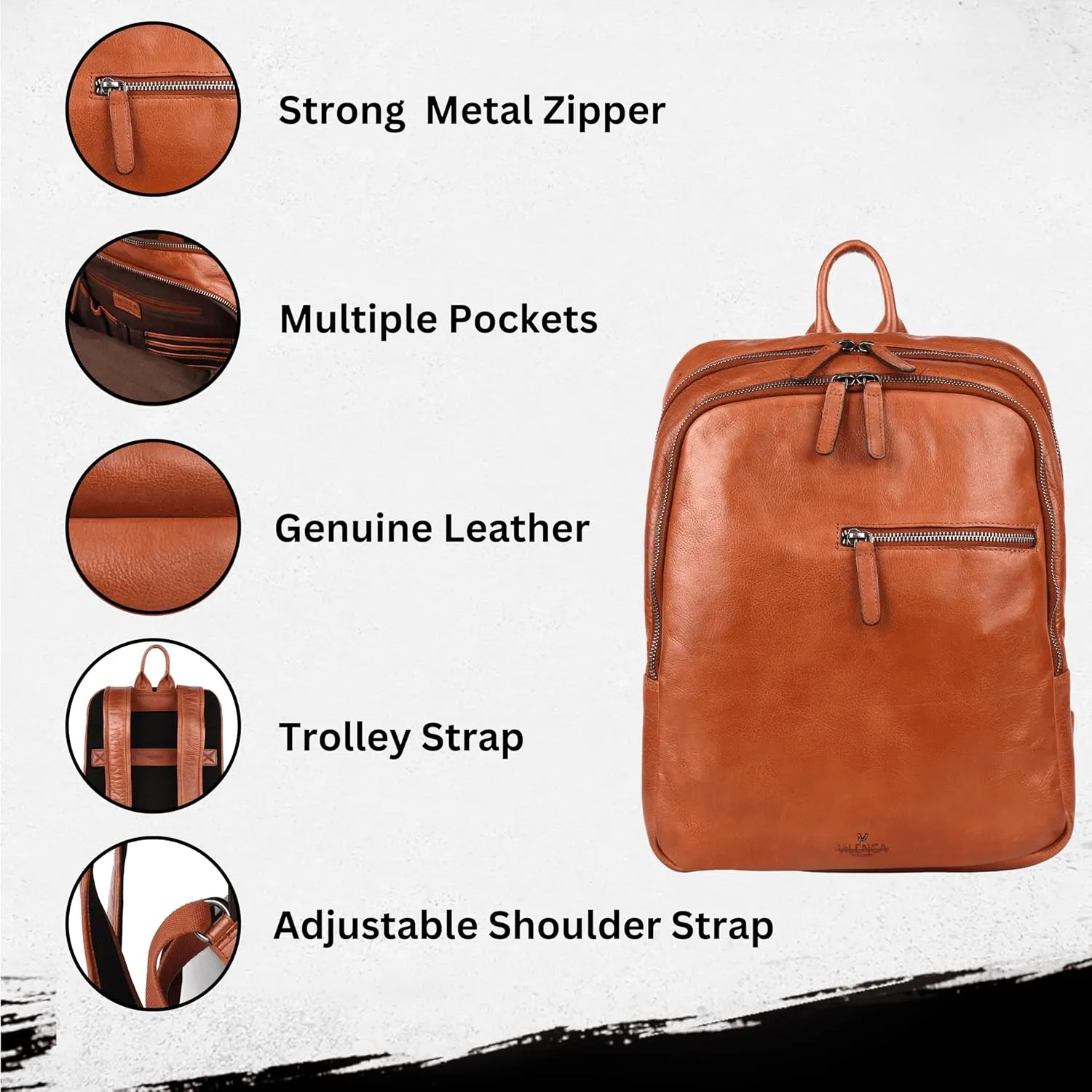 15 Inch Genuine Leather Backpack for Women and Men, Cognac Leather Backpack with Adjustable Shoulder Strap