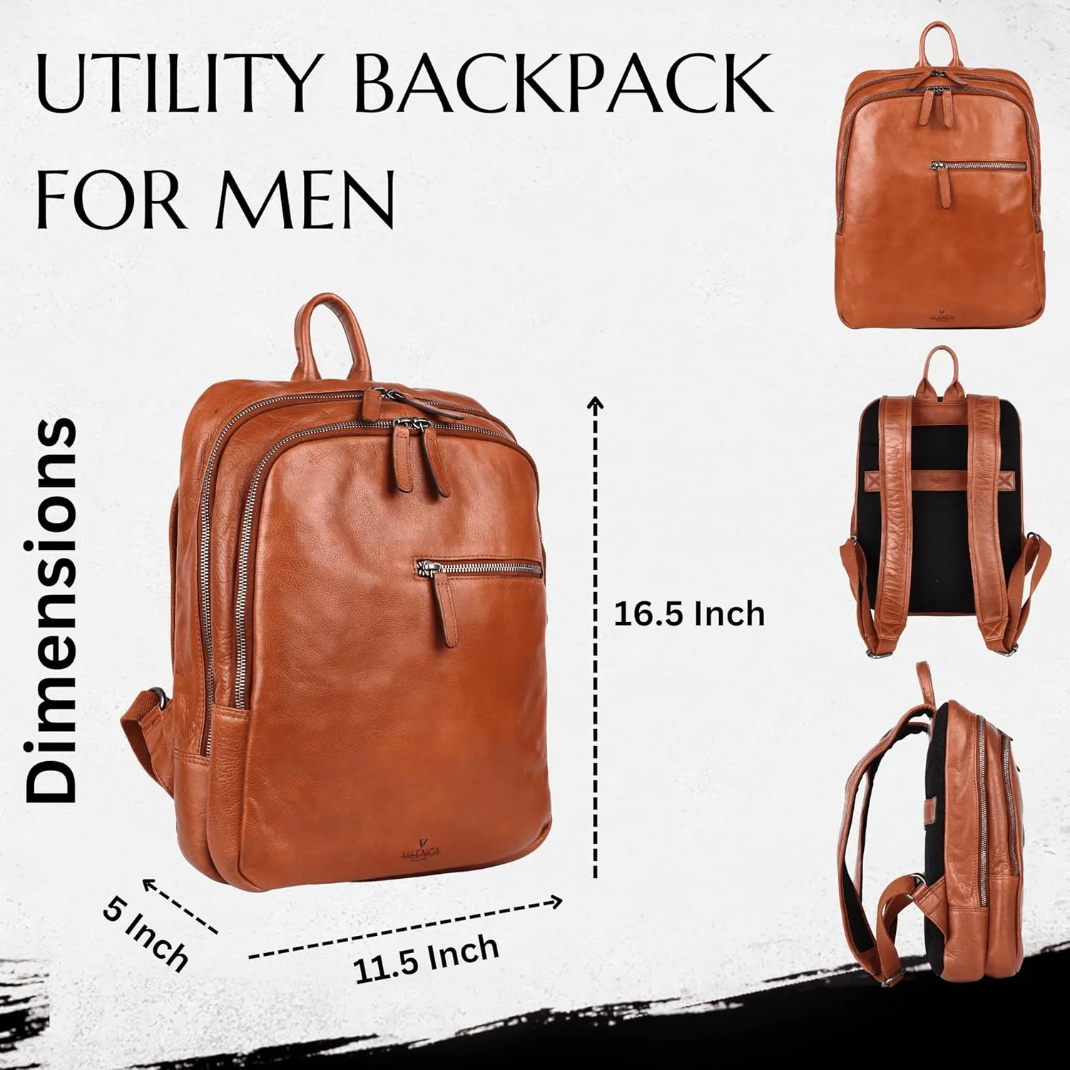 15 Inch Genuine Leather Backpack for Women and Men, Cognac Leather Backpack with Adjustable Shoulder Strap