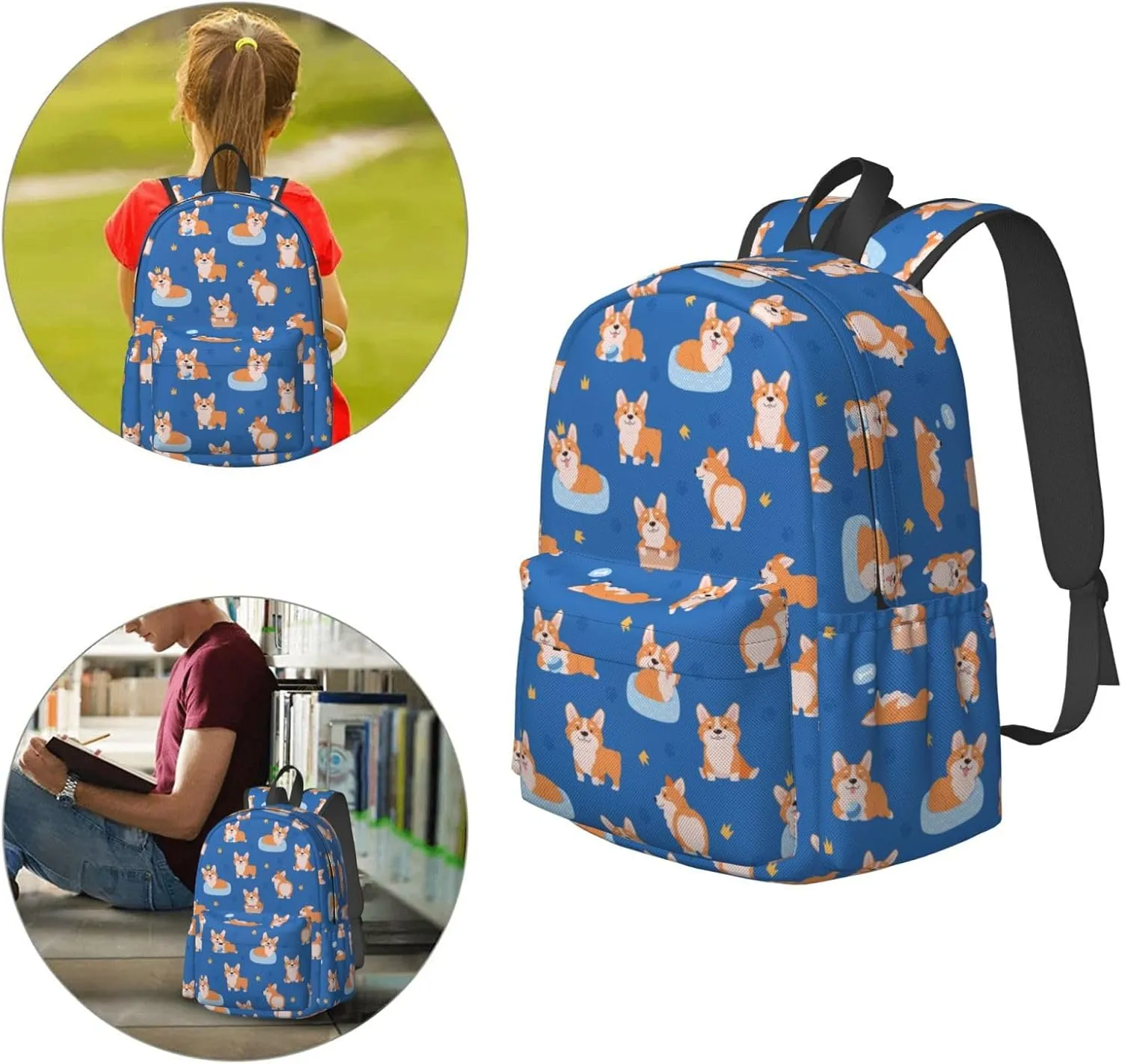 17 inch Backpack Cute Crown Corgi Dogs Puppy Laptop Backpack School Bookbag Shoulder Bag Casual Daypack