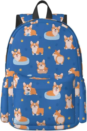 17 inch Backpack Cute Crown Corgi Dogs Puppy Laptop Backpack School Bookbag Shoulder Bag Casual Daypack