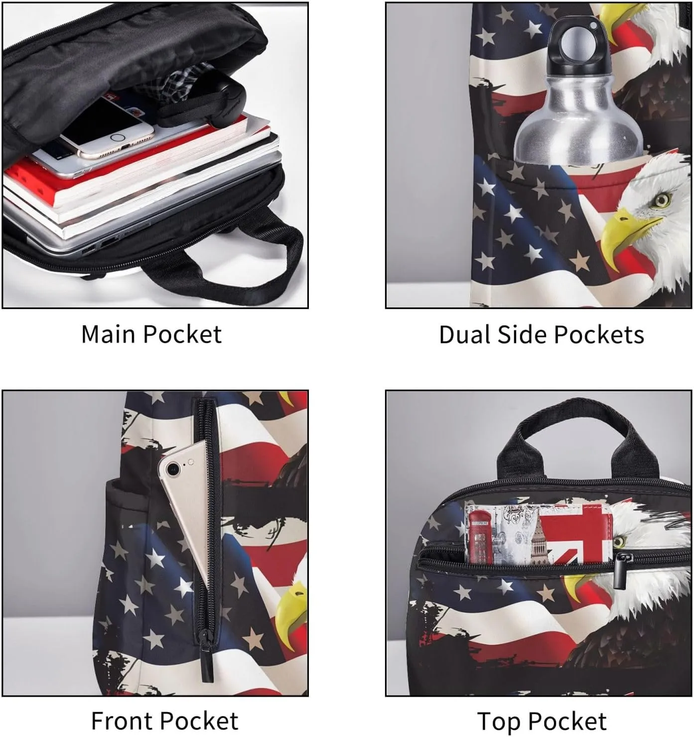1776 American Independence Day American Flag Eagle Vintage American Flag Casual Backpacks Laptop Backpack Outdoor Travel Rucksack Sport Carry-On Daypack Lightweight Bag with Multi-Pockets