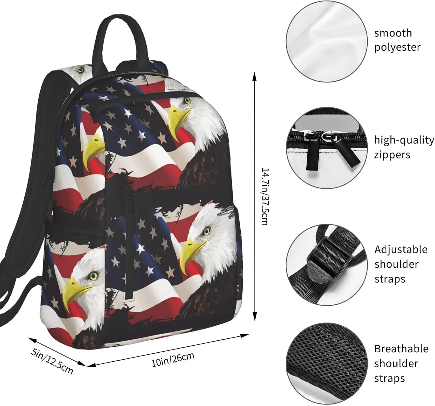 1776 American Independence Day American Flag Eagle Vintage American Flag Casual Backpacks Laptop Backpack Outdoor Travel Rucksack Sport Carry-On Daypack Lightweight Bag with Multi-Pockets