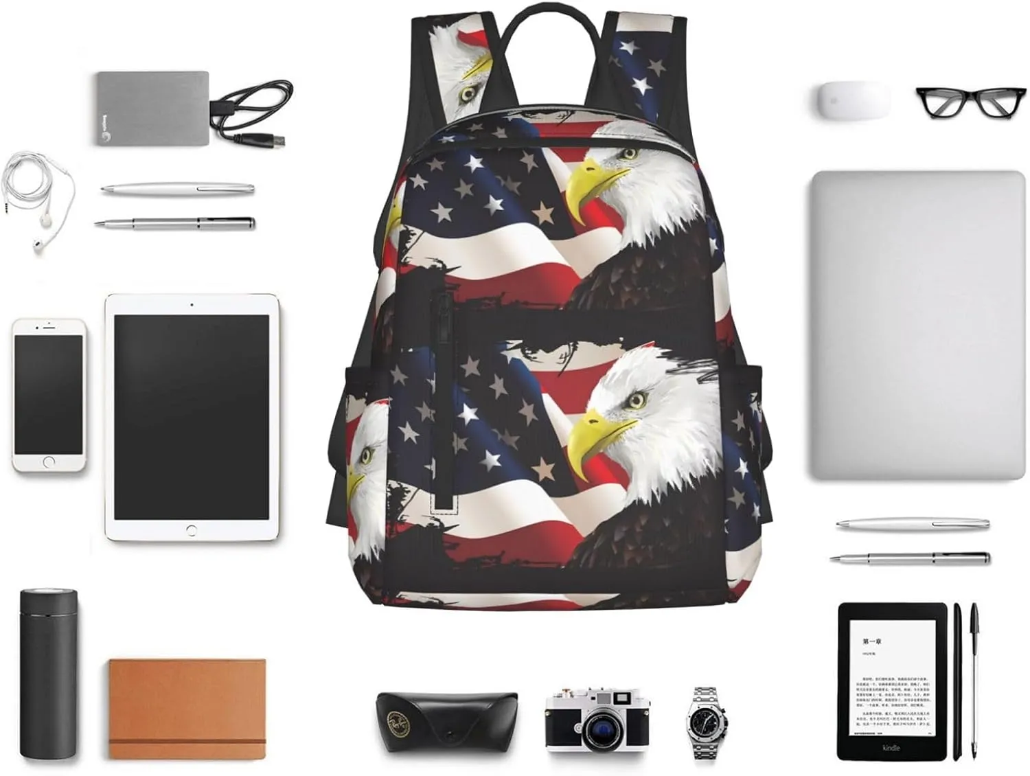 1776 American Independence Day American Flag Eagle Vintage American Flag Casual Backpacks Laptop Backpack Outdoor Travel Rucksack Sport Carry-On Daypack Lightweight Bag with Multi-Pockets