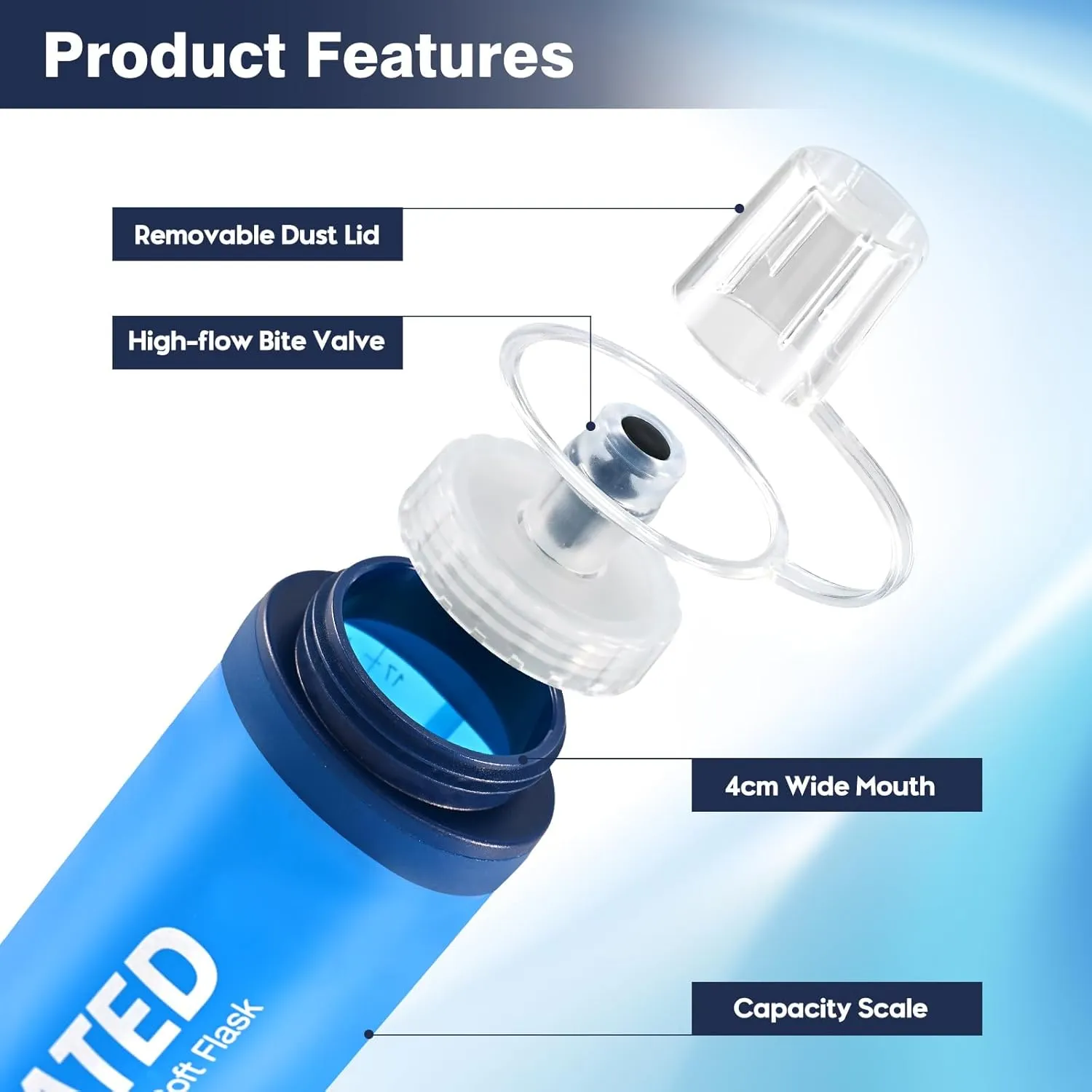 2 Pack Soft Flask Water Bottle, TPU Collapsible Flask Foldable Running Bottles 750ml for Hydration Pack, BPA-Free, for Running Hiking Cycling Climbing BLUE