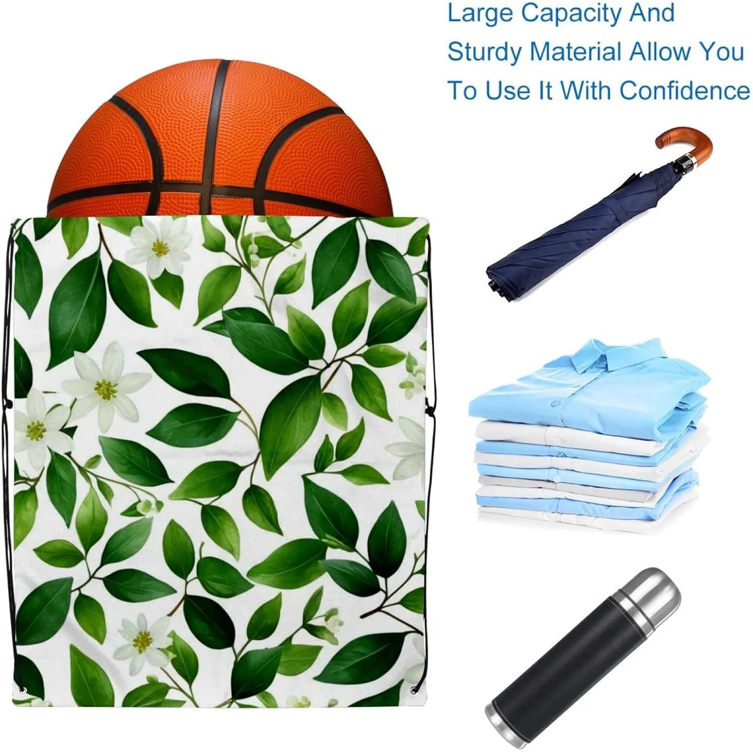 2 Pcs Flowers and Green Leaves Drawstring Backpack String Bag Sports Sack pack Gym Sack Side Pocket for Men Women