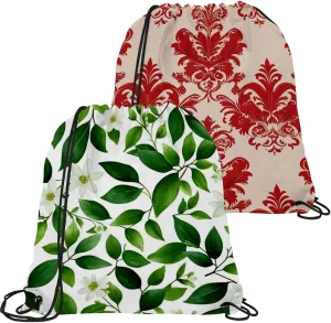 2 Pcs Flowers and Green Leaves Drawstring Backpack String Bag Sports Sack pack Gym Sack Side Pocket for Men Women