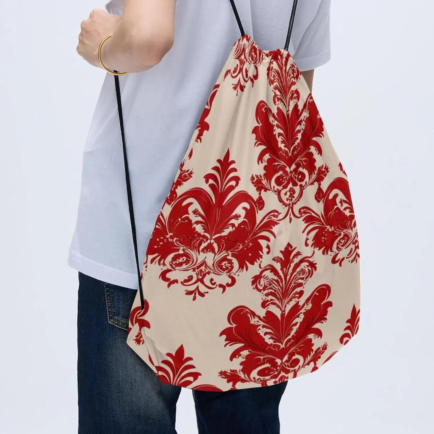 2 Pcs Flowers and Green Leaves Drawstring Backpack String Bag Sports Sack pack Gym Sack Side Pocket for Men Women