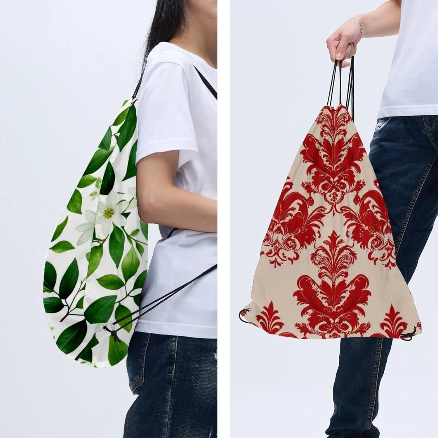 2 Pcs Flowers and Green Leaves Drawstring Backpack String Bag Sports Sack pack Gym Sack Side Pocket for Men Women