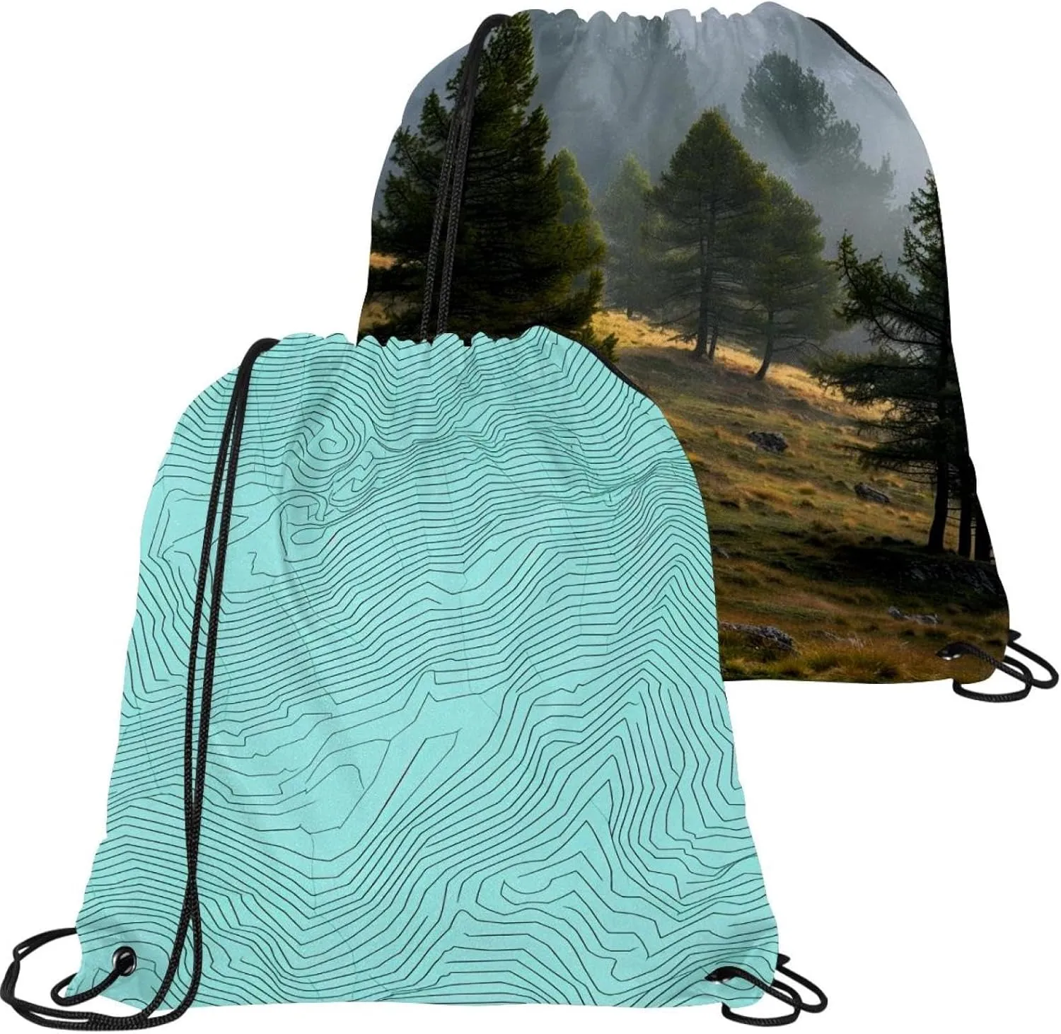 2 Pcs Topographic Map Drawstring Backpack Sports Gym Sack pack String Bag for Women Men