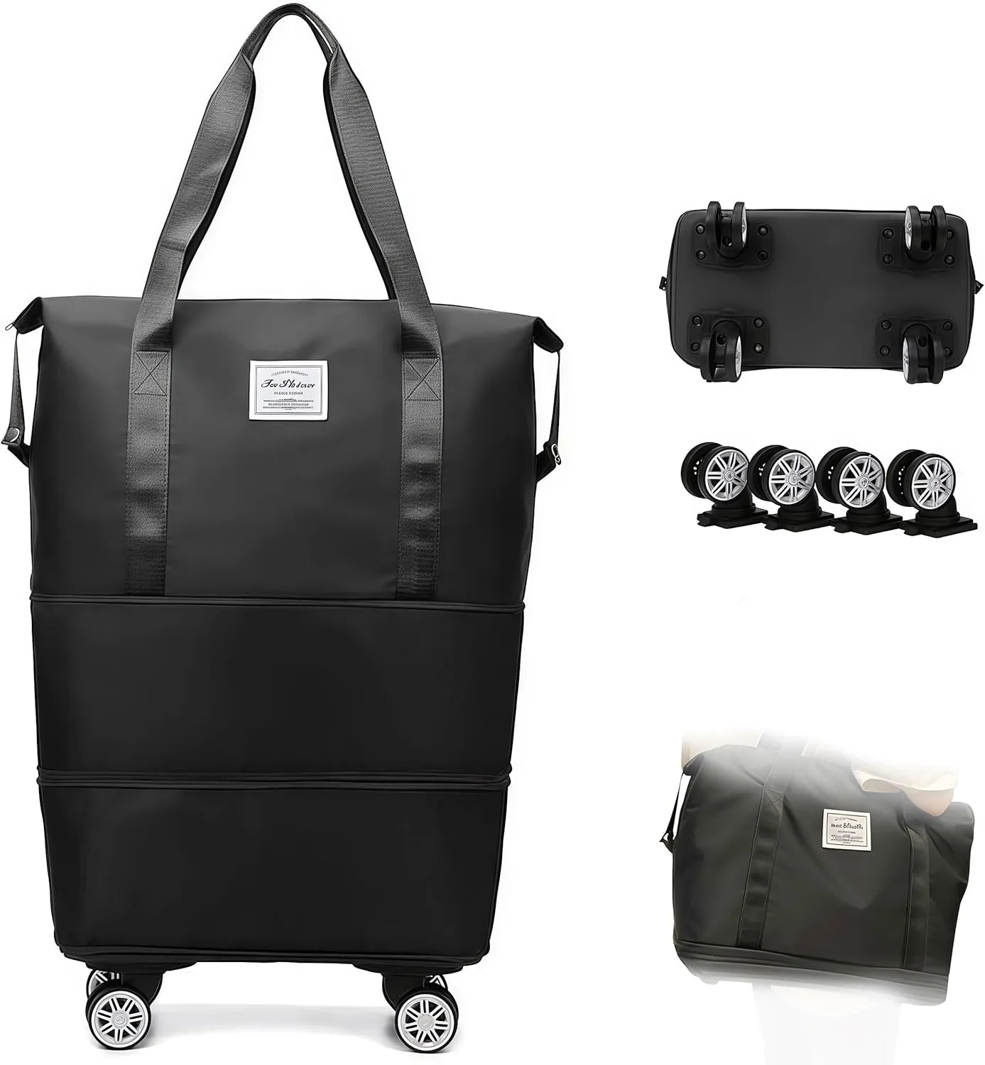 2025 New Beente Travel Bag with Wheels, Pepepo Large Travel Bag with Wheels, Expandable Foldable Duffle Bag, Large Capacity Wide-Open Travel Cosmetic Bag, Dry and Wet Separation (BLACK)