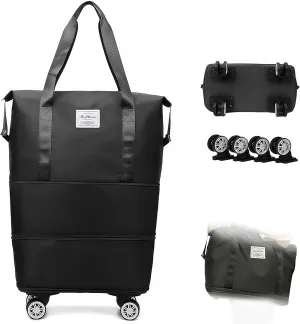 2025 New Beente Travel Bag with Wheels, Pepepo Large Travel Bag with Wheels, Expandable Foldable Duffle Bag, Large Capacity Wide-Open Travel Cosmetic Bag, Dry and Wet Separation (BLACK)