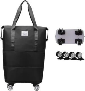 2025 New Pepepo Travel Bag with Wheels, Large Capacity, Universal Wheel Removable, Expandable Foldable Duffle Bag, Wide-Open, Dry and Wet Separation (Black)