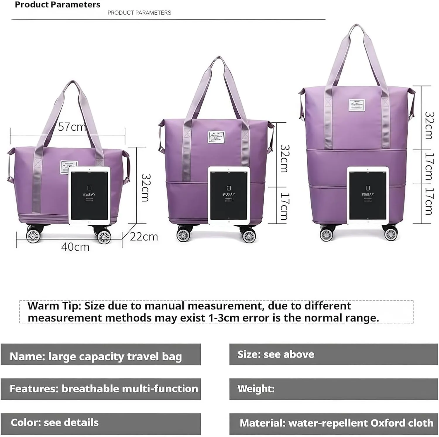 2025 New Pepepo Travel Bag with Wheels, Large Capacity, Universal Wheel Removable, Expandable Foldable Duffle Bag, Wide-Open, Dry and Wet Separation (Light Purple)
