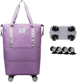 2025 New Pepepo Travel Bag with Wheels, Large Capacity, Universal Wheel Removable, Expandable Foldable Duffle Bag, Wide-Open, Dry and Wet Separation (Light Purple)
