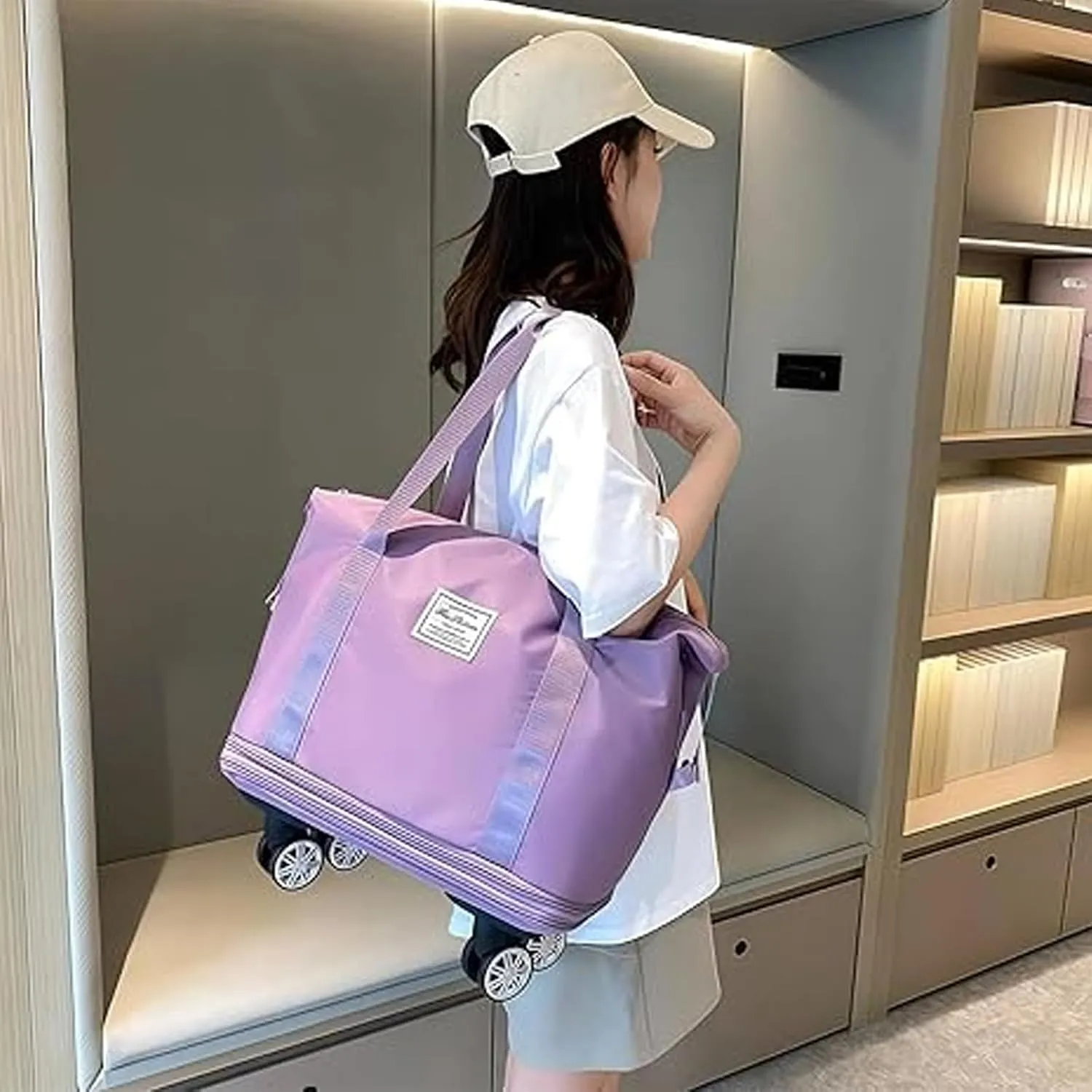 2025 New Pepepo Travel Bag with Wheels, Large Capacity, Universal Wheel Removable, Expandable Foldable Duffle Bag, Wide-Open, Dry and Wet Separation (Light Purple)