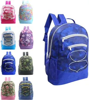 24-Pack 17" Printed Bungee Backpacks for Kids - Bookbags in Bulk for Elementary, Middle, and High School Students, 8 Assorted Colors