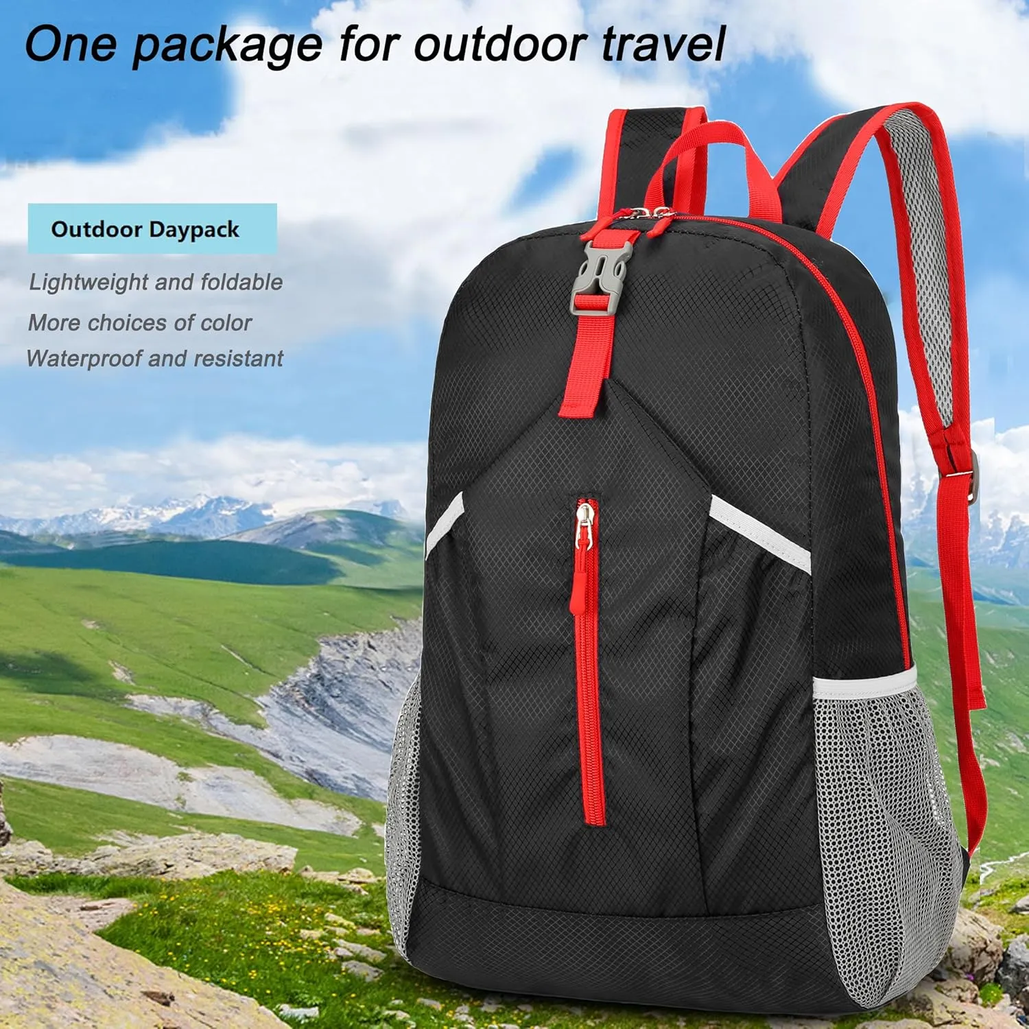 25L Hiking-Backpack Foldable-Sports Daypack-Camping Collapsible Day Bag Water Resistant Lightweight Travel Men Women (Black)