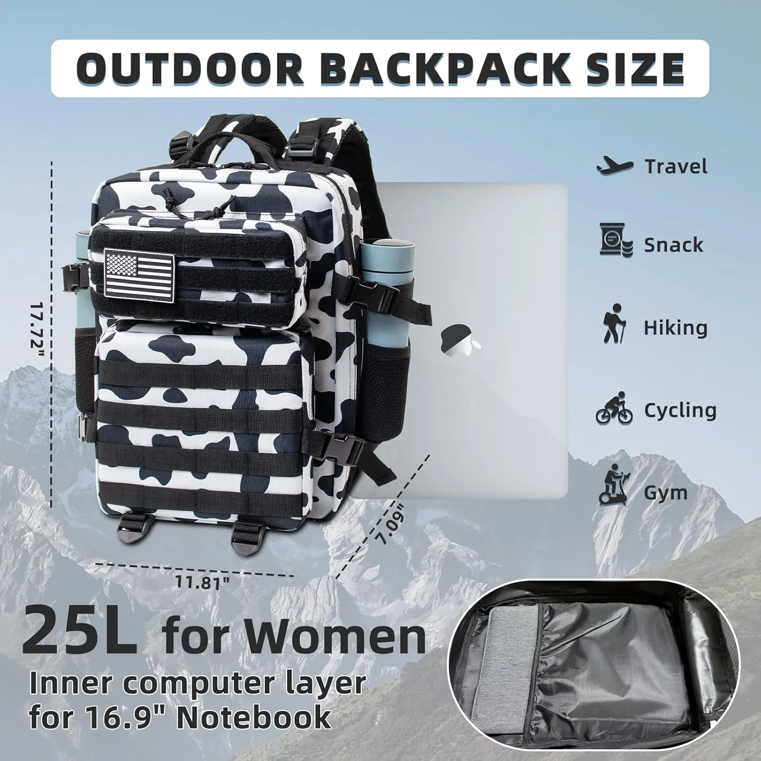 25L Small Military Tactical Backpacks For Men Camping Hiking Trekking Daypack With Bottle Pouch Bug Out Bag Lage MOLLE DayPack - 25L Cow Print Backpack