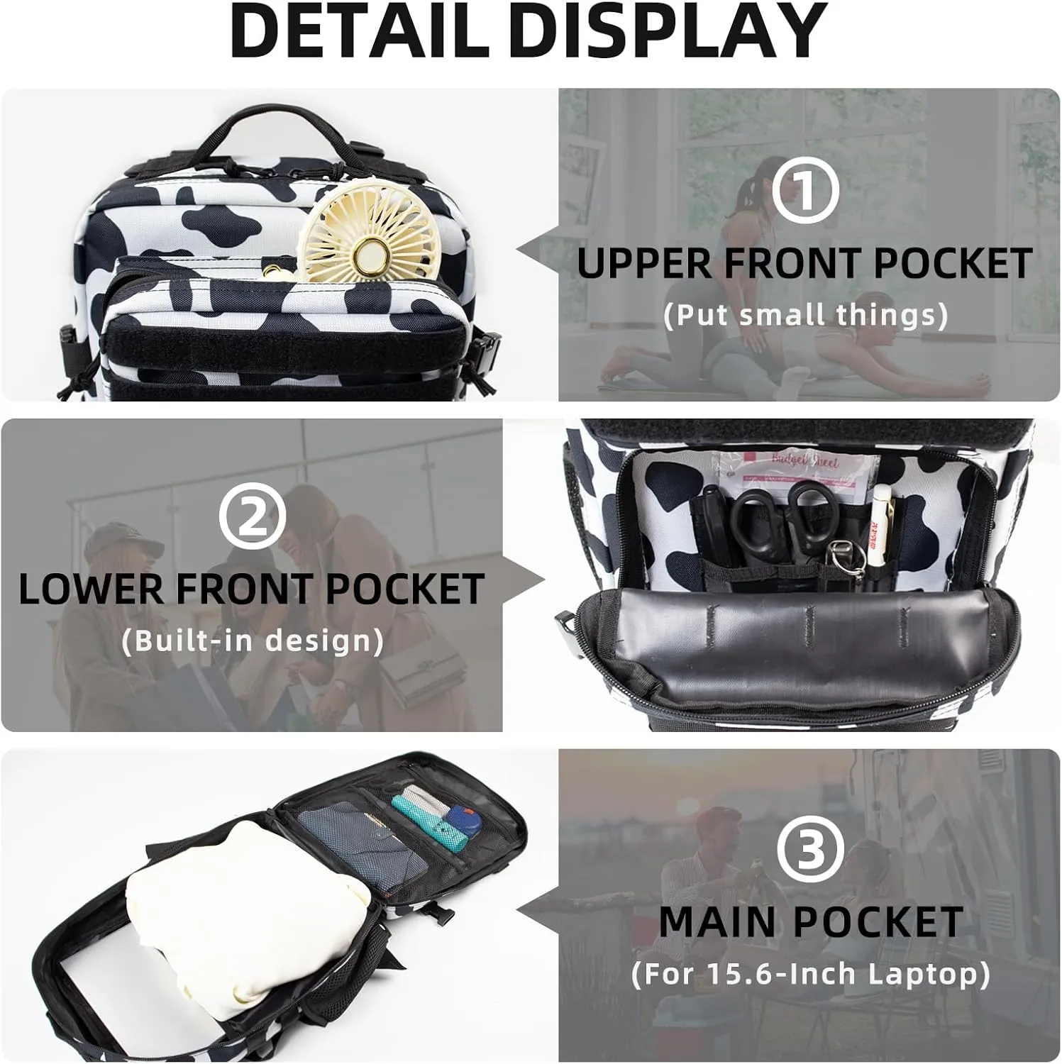 25L Small Military Tactical Backpacks For Men Camping Hiking Trekking Daypack With Bottle Pouch Bug Out Bag Lage MOLLE DayPack - 25L Cow Print Backpack