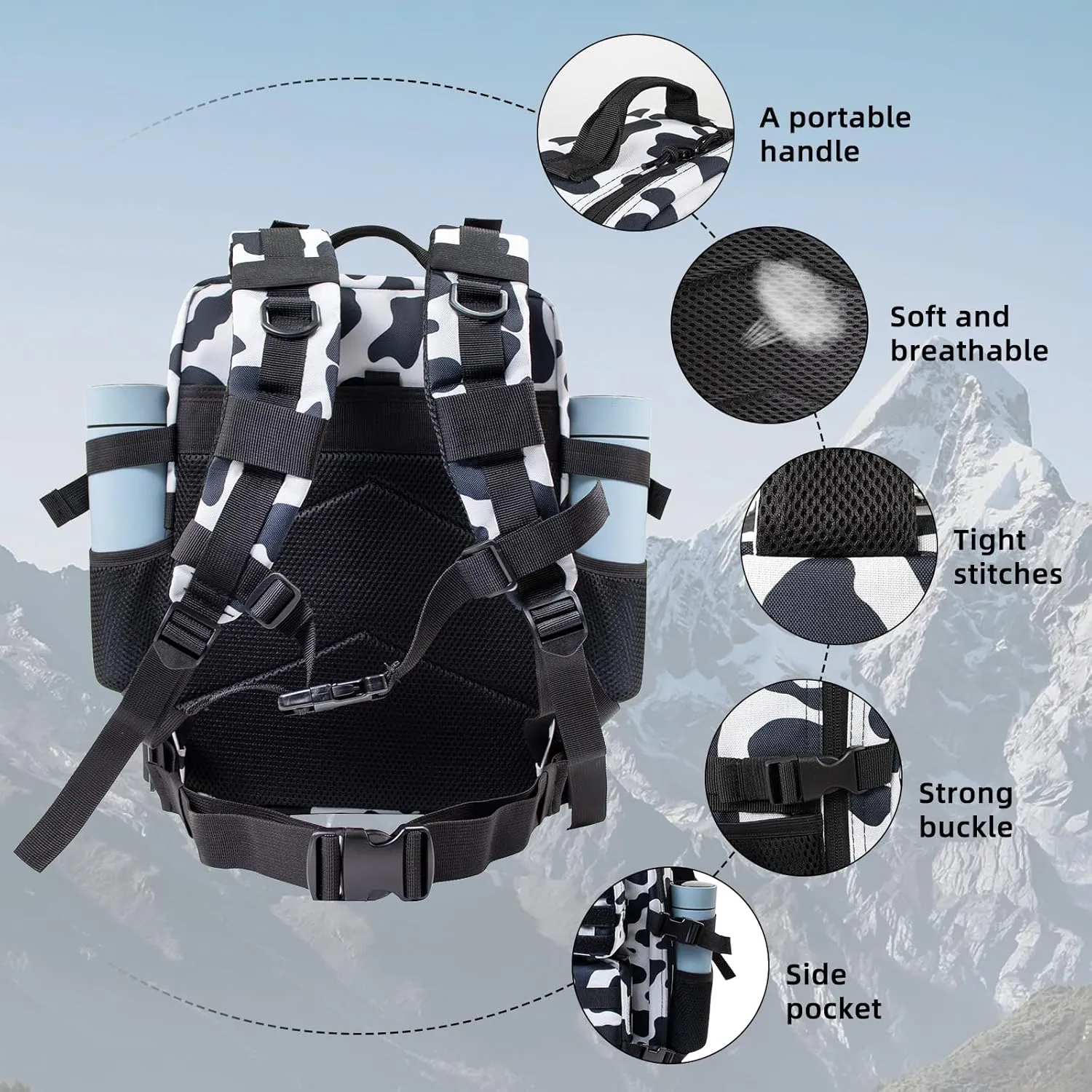 25L Small Military Tactical Backpacks For Men Camping Hiking Trekking Daypack With Bottle Pouch Bug Out Bag Lage MOLLE DayPack - 25L Cow Print Backpack