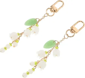 2pcs Lily Valley Flower Keychain Bag Charms Key Ring Green Floral Pendant