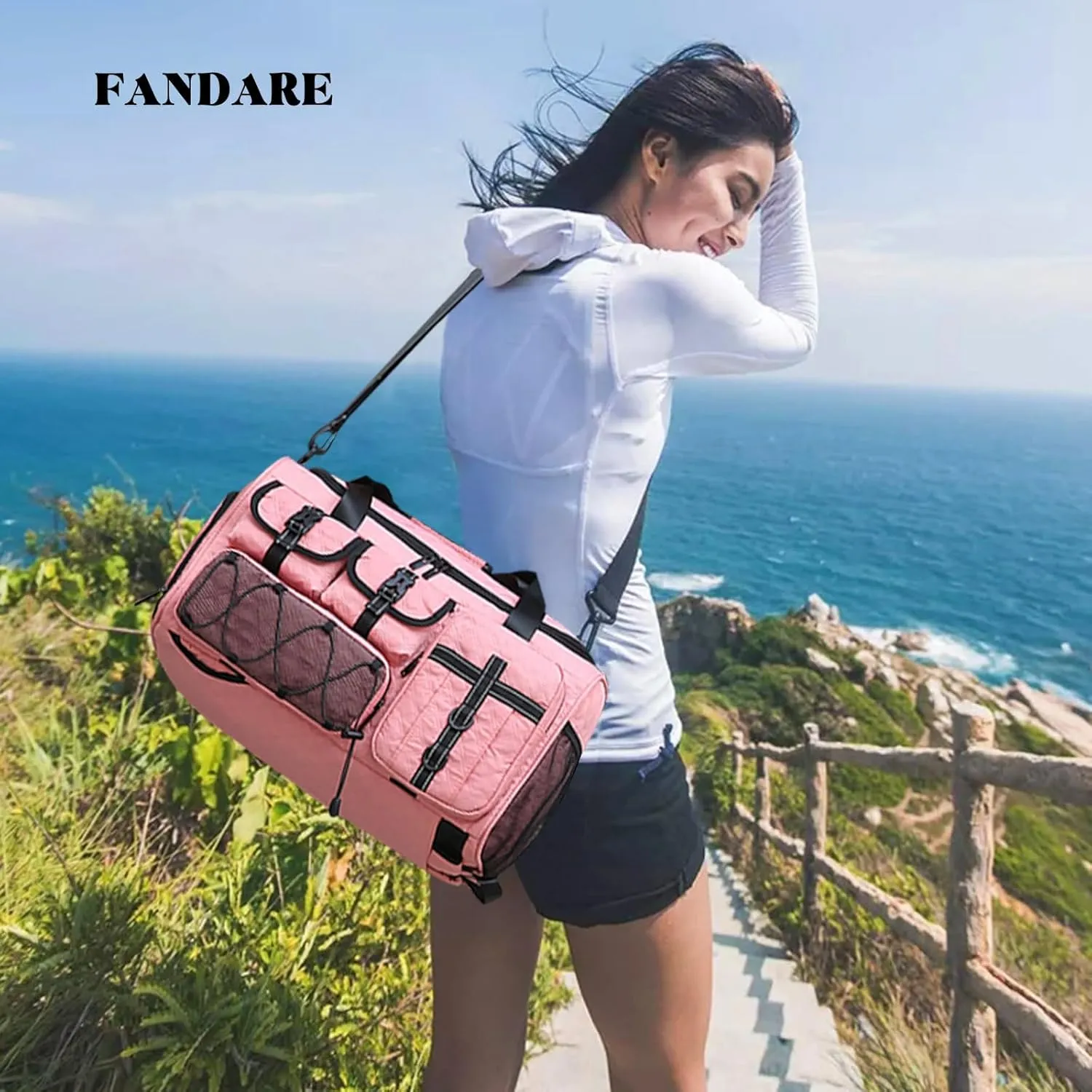 3 in 1 Sports Gym Bag for Women Crossbody Shoulder Bag Men Backpack Weekender Overnight Travel Flight-Approved Duffle Bags with Shoe Compartment & Dry Wet Separation Tote Handbags Pink