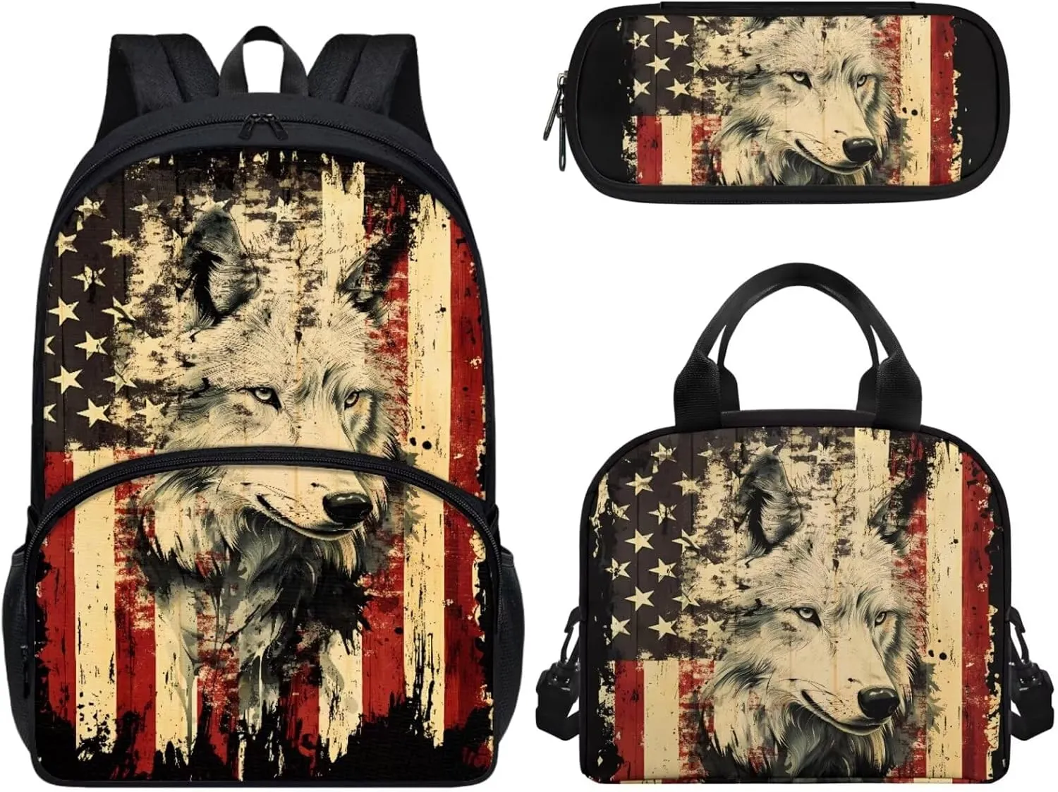 3 Piece Toddler Kindergarten Elementary American Flag Woft Print Backpack School Bookbag Set with Zipper Pockets Kids Lunch Tote Bag Handbags Pencil Case