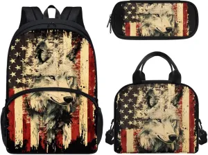 3 Piece Toddler Kindergarten Elementary American Flag Woft Print Backpack School Bookbag Set with Zipper Pockets Kids Lunch Tote Bag Handbags Pencil Case