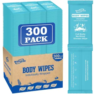 300 Pcs Ultra Thick Soft Large Body Wipes Individually Wrapped(7.87" x 9.45"),Shower Wipes for Adults Bathing No Rinse,Personal Cleansing Wipes for Travel Gym,Bulk Deodorant for Homeless(Blue)