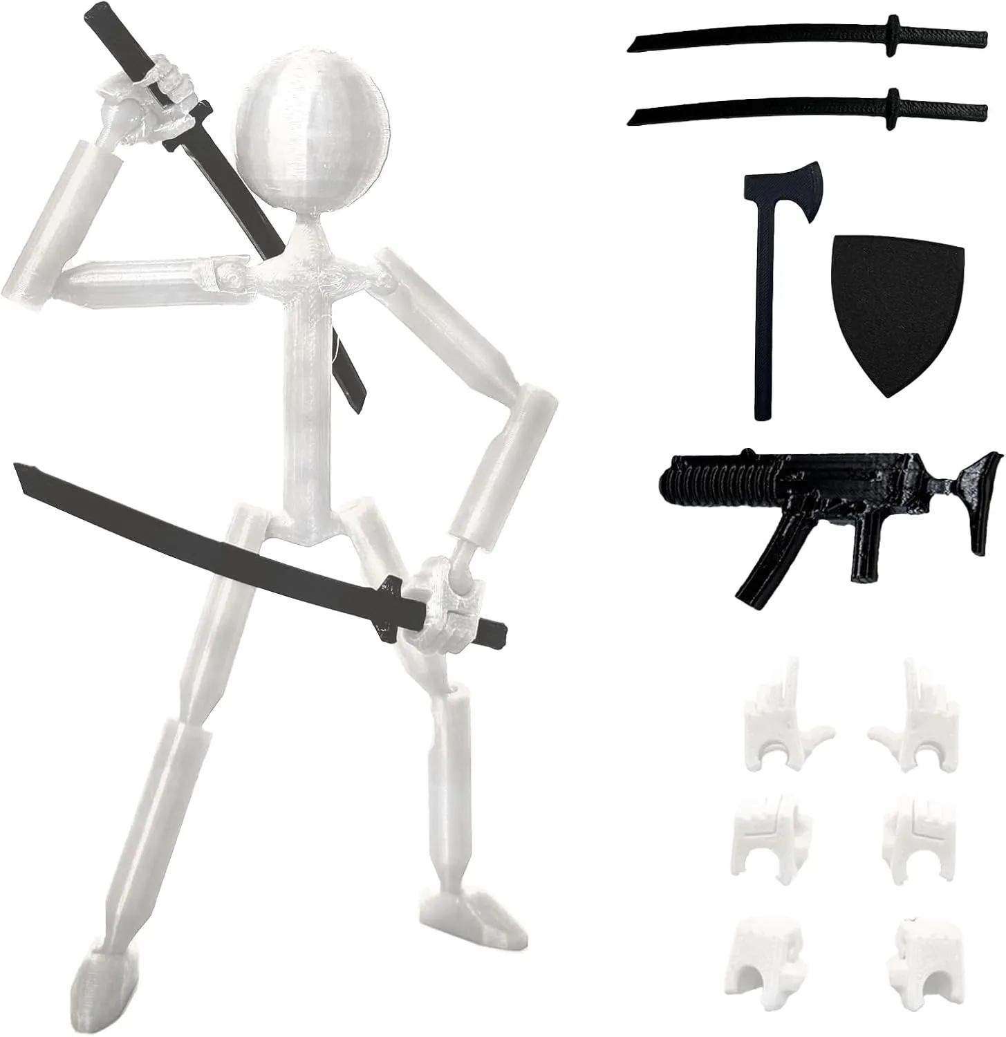 3D Printed 5.67-inch Matchstick Figure, Full Body Mechanical Movable Toy with 5 Weapons and 3 Hand Shapes, Desk Decoration.